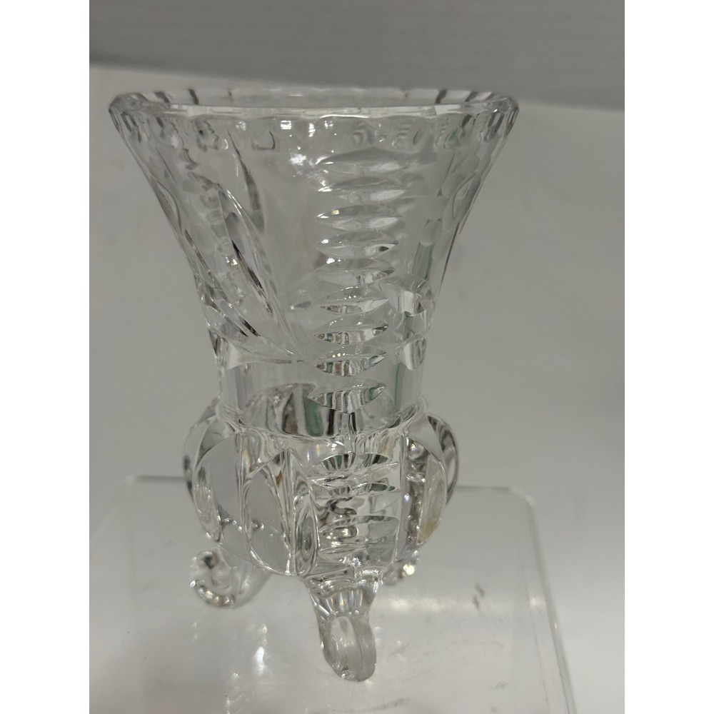 Vintage Hand Cut Crystal Footed Bud Vase Etched Floral Scalloped Rim 5.25 Inch